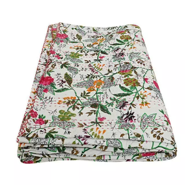 Queen Cotton Kantha Quilt Floral Print Indian Handmade Blanket Bedspread Throw