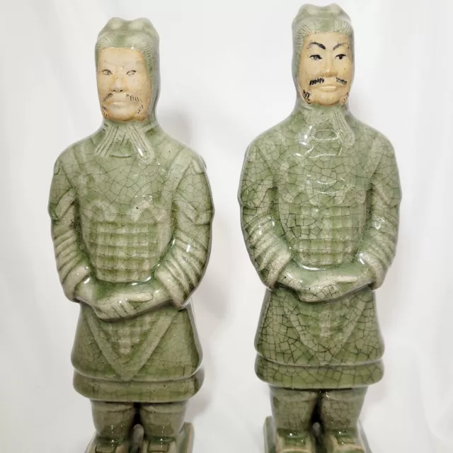 2 Longquan Celadon Crackled Ice Glaze & Biscuit Signed Chinese Warrior Figurines