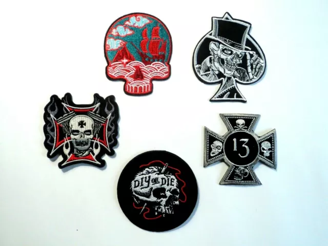 1x Skull Biker Patches Embroidered Cloth Badge Applique Iron Sew On Pirate Spade