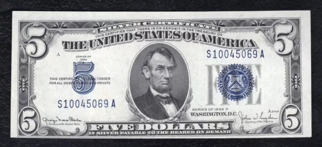 1934-D $5 Five Dollars Silver Certificate Currency Note Choice Uncirculated (B)