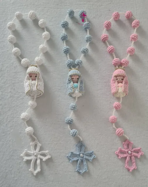 Coroncina rosario con Madonnina e perle, fatto a mano all'uncinetto, preghiera
