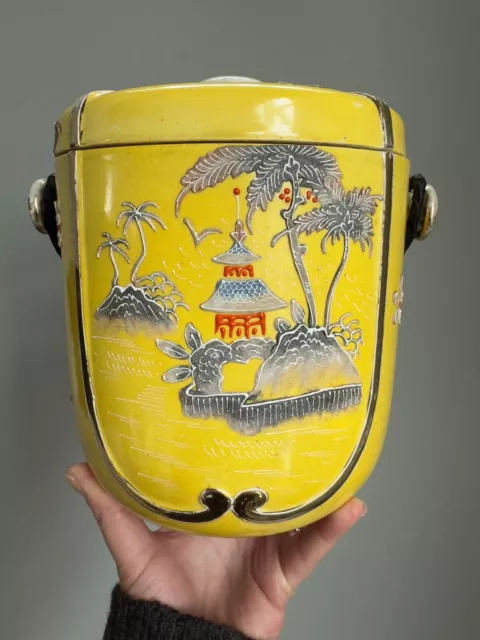 Antique Moriage Asian Japanese Yellow Biscuit Cookie Jar Nagoya Painting 1920s