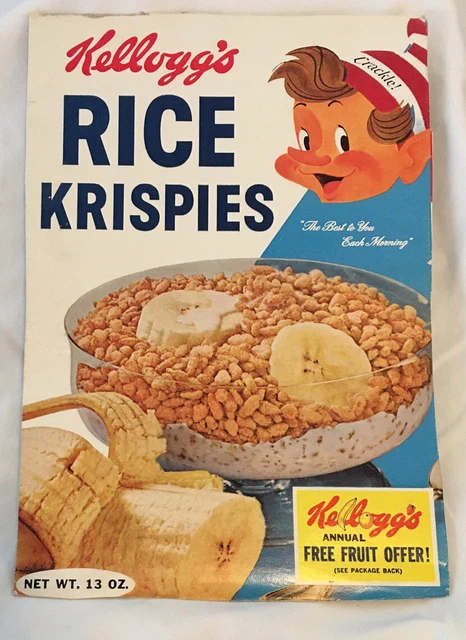 VINTAGE KELLOGG’S RICE Krispies Cereal box front panel w/ Crackle Pixie ...