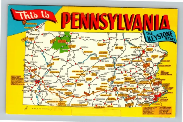 PA- Pennsylvania, "The Keystone State", Aerial View Map, Vintage Postcard
