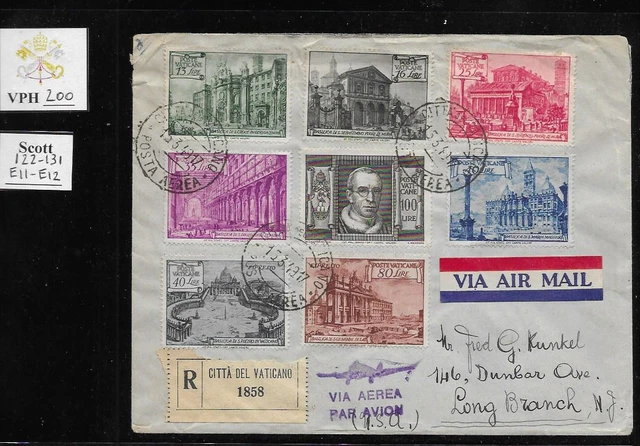 VPH_200. VATICAN. 1949 cover to USA w. BASILICAS set. Scott 122-131, E11-E12