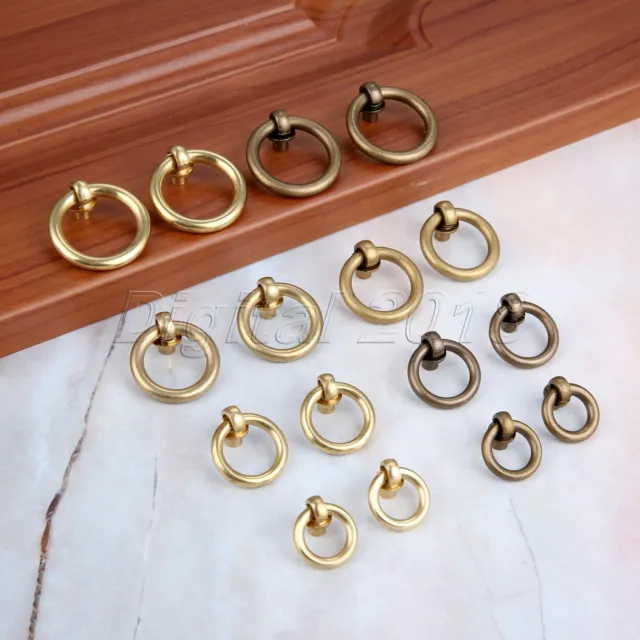 2Pcs Antique Brass Cabinet Round Pulls Dresser Door Ring Handles Drawer Knobs