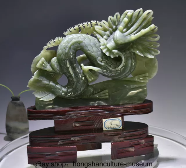 11 "Chinese Green Natural Xiu Jade Carved Fengshui 12 Zodiac Year Dragon Statue