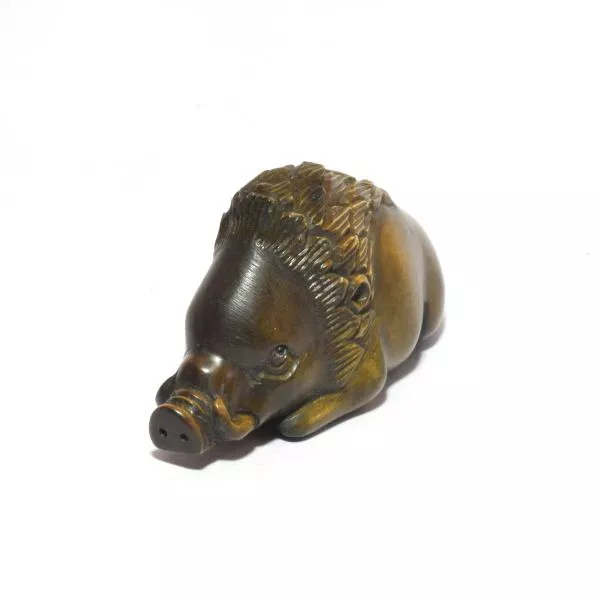 Netsuke Antique Boar Signed Japanese Boxwood  vintage Ojime Edo Inro 8713