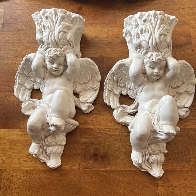 Fleur de lis Wall Sconce Angel Cherub Curtain Rod Holder Antique set of 4 8