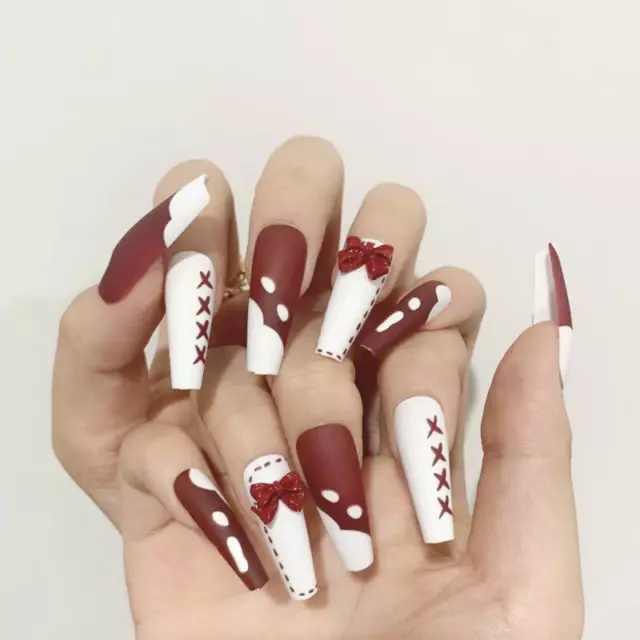 Matte Wine Red Graffiti 3D Bows Fake Nails Full Long Artificial Nail Tips 24Pcs