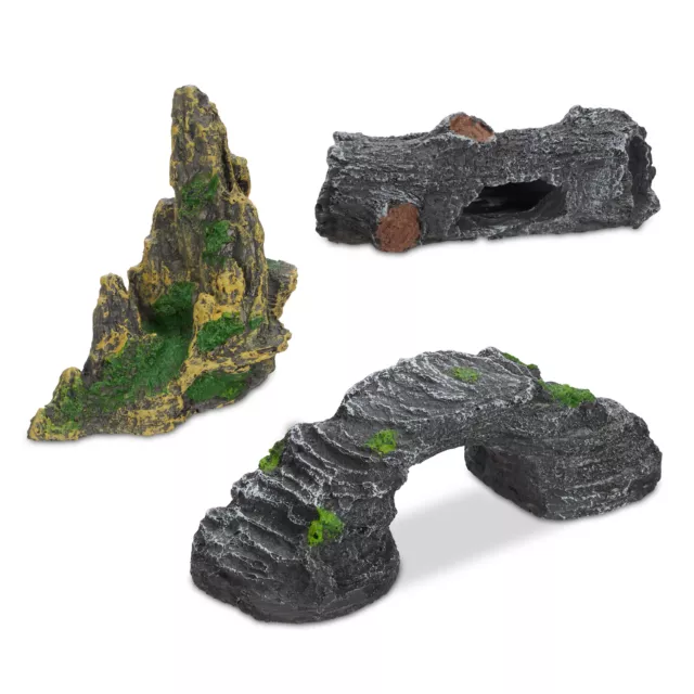 Decoración acuario set de 3, Roca, Tronco con cueva, Puente, Piedras acuarios