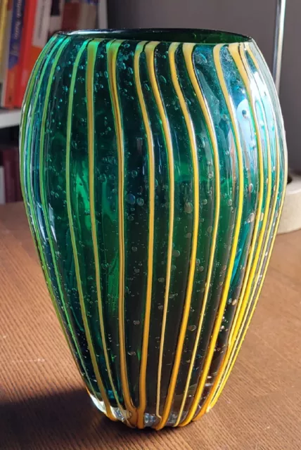 Vintage Green Art Glass Vase With Applied Yellow Streams Bubbles Polished Pontil