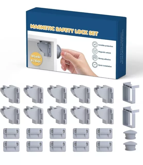 Child & Baby Safety Proof Magnetic Invisible Cupboard Locks 16 Locks & 2 Keys