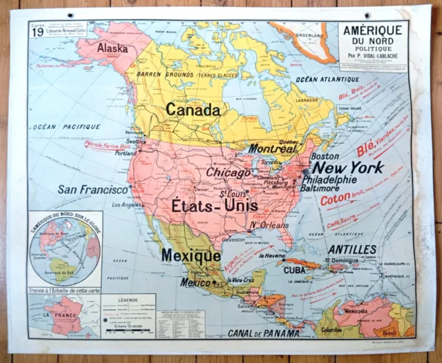 🌎 Ancienne carte scolaire Vidal-Lablache 19, 1950 - Amérique Nord, Etats-Unis