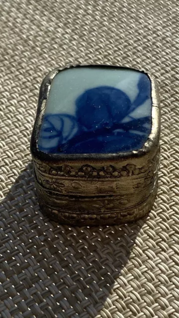 19th cent. blue & white Chinese porcelain shard Silver Tone jewelry Trinket box