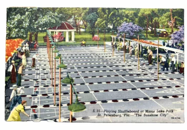 Playing Shuffleboard at Mirror Lake Park St Petersburg FL Linen Postcard