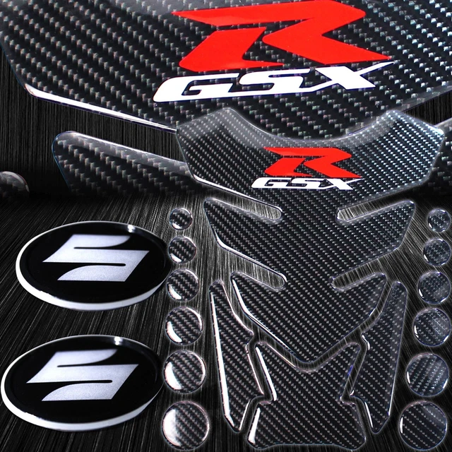 Real Carbon Fiber 16PC Fuel/Gas Tank Pad+3D Reflective Logo Emblem Sticker GSXR