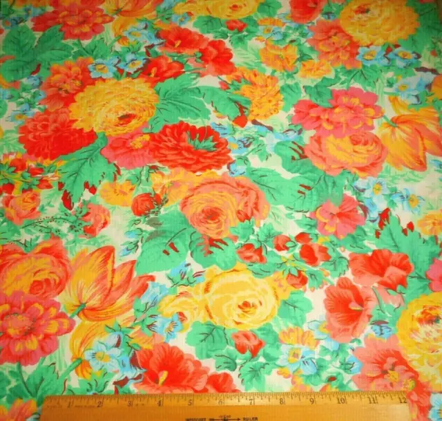 Floral Fabric 1 1/3 Yard Yellow Pink Blue Green Floral on White Cotton Vtg #PC