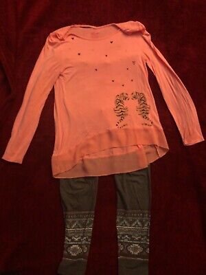 Girls Outfit, Peach and Gray top with Justice leggings, Size 14