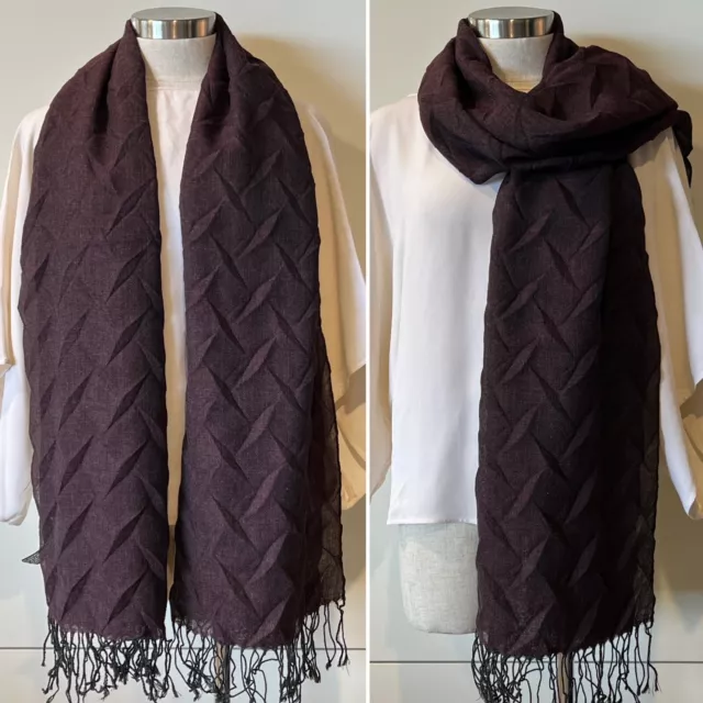 Italian Designer Plum/Charcoal Marle Pure Wool Origami Pleat Scarf 67cm x 168cm