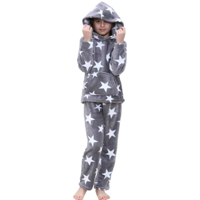 Kids Girls Stars Print Grey Pyjama Extra Soft Loungewear Flannel Fleece PJS Set