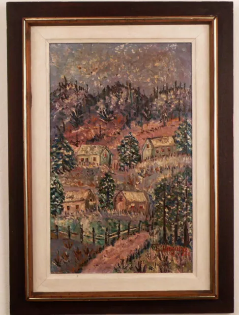 Paysage de campagne de village, collines, forêt, peinture à l’huile...