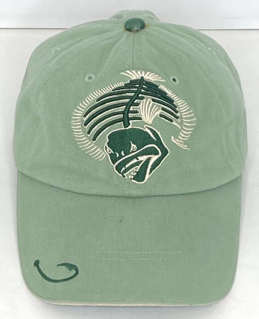 Skeleton Fish & Hook Get Reel Get Fish Baseball Hat Khaki Green Adjustable