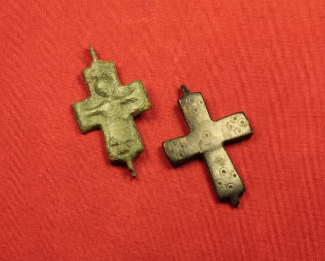 2 Medieval Byzantine Reliquary Crucifix Cross Pendant, 10. Century