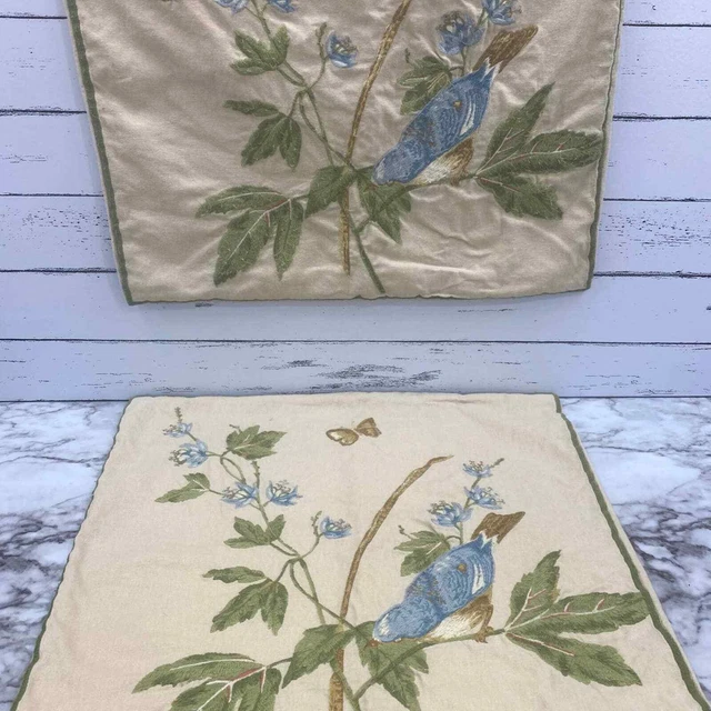Pottery Barn Accents Embroidered Bird Decorative Pillow Covers 18” x 18”