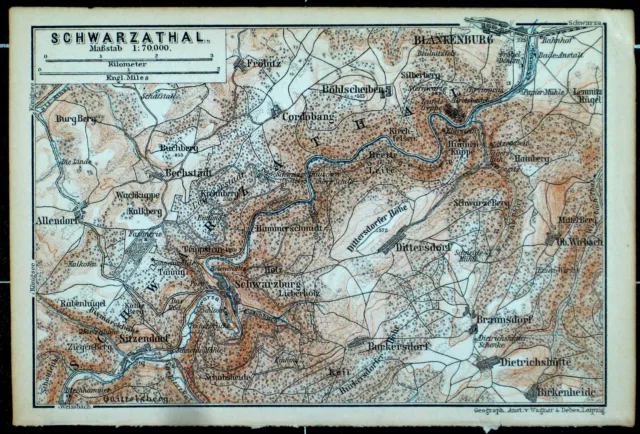 SCHWARZATHAL, alte farbige Landkarte, datiert 1896