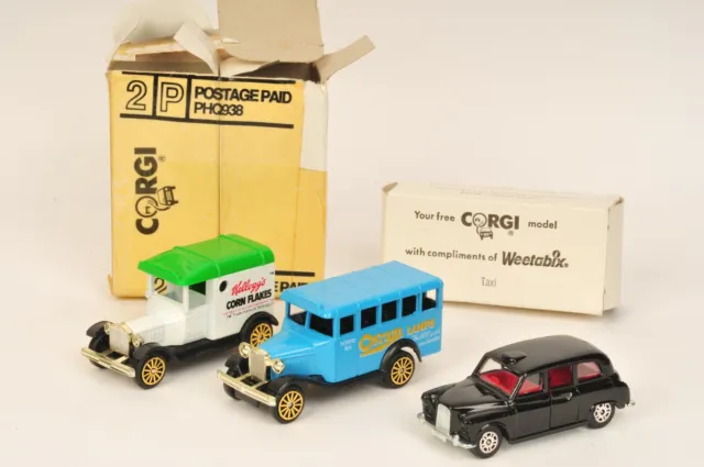 3 Corgi Cereal Free Gift Models Weetabix Corn Flakes Osram & Black London Taxi
