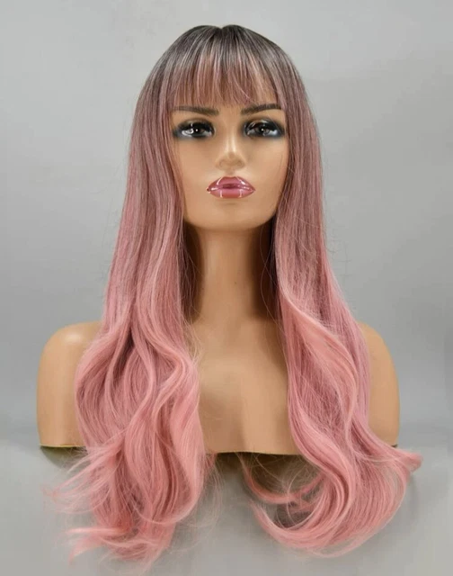 Perruque Synthétique Femme Rose Clair Longue Lisse Avec Frange - Taille Bonnet Moyen +4