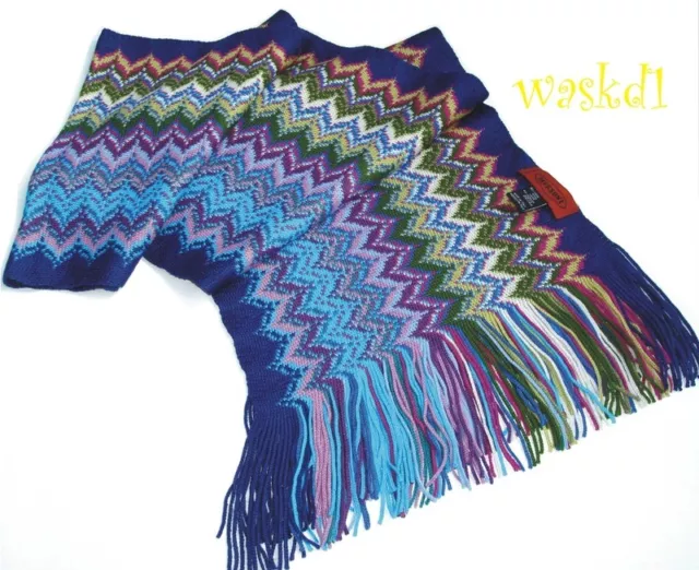 MISSONI blue SHARKTOOTH wool/acrylic Blend long FRINGED scarf IN BOX Authentic!