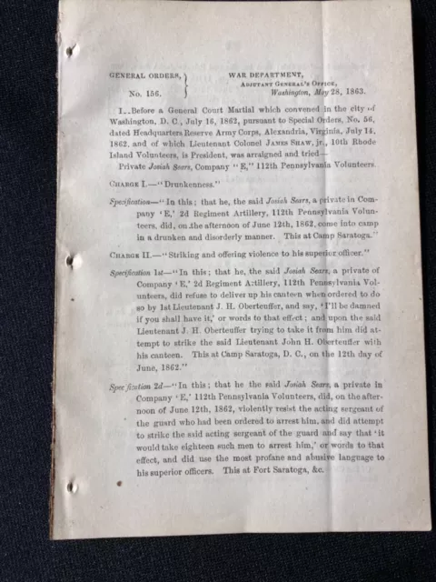 The court martial and Dis. Discharge of Josiah Sears for Drunkedness 112th Penn The court martial and Dis. Discharge of Josiah Sears for Drunkedness 112th Penn