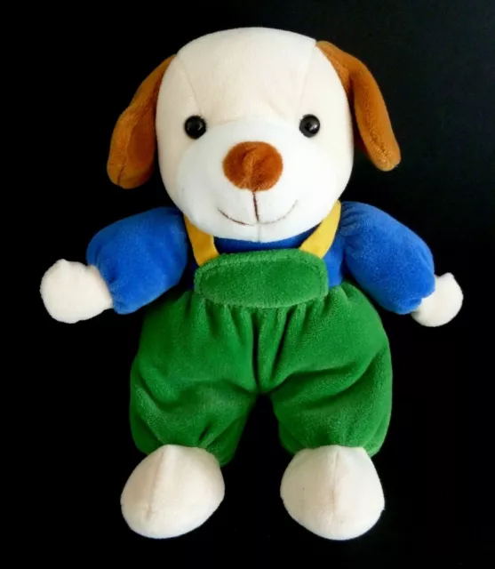 M1. DOUDOU PELUCHE Nounours ? CHIEN VERT BLEU BLANC MARRON SALOPETTE 27cm - TTBE