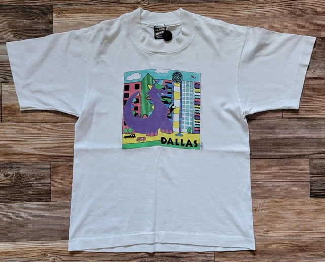 Vintage Dallas Dinosaur T-shirt Kids Size 14-16 Single Stitch White Made In USA