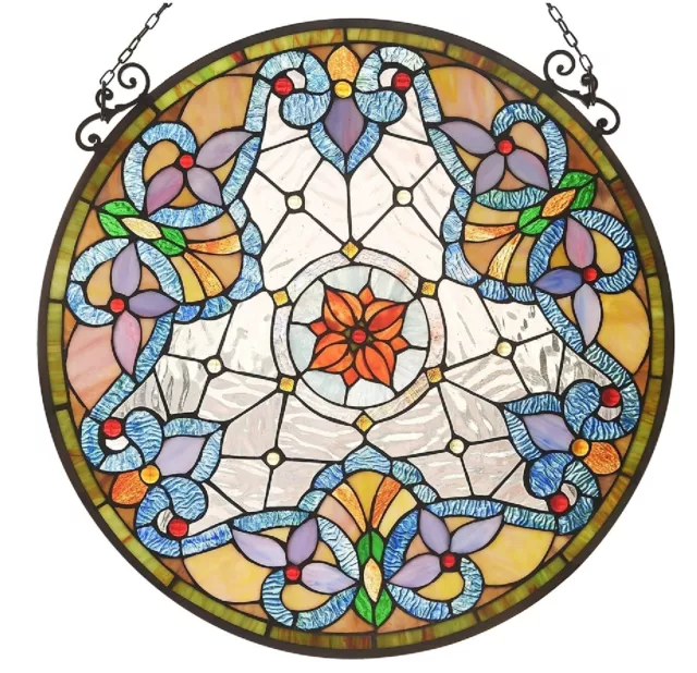 23.5" Round Victorian Floral Tiffany Style Stained Glass Window Panel