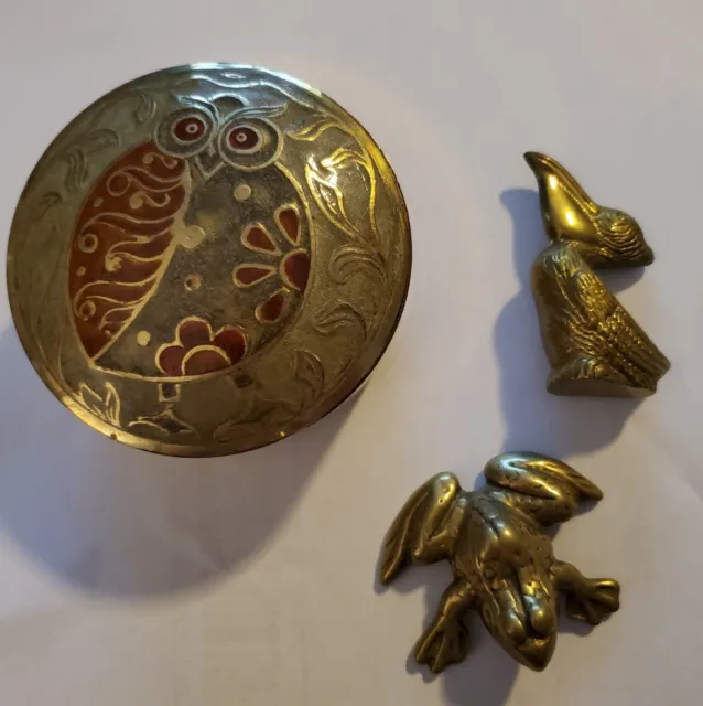 Small Brass Owl Trinket Box Frog And Pelican Figures Read