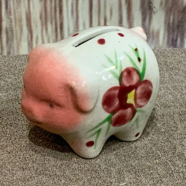 Vintage Adorable Ceramic Pink Floral Hand Painted Mini Made In Japan Piggy Bank