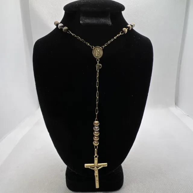 14K (585) Tricolor Gold ROSARY Necklace w/VIRGIN MARY CROSS JESUS Pendant 18.2gr