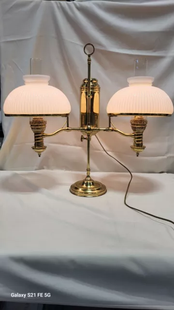 Antique STUDENT Double Lamp by MANHATTAN BRASS CO. Ribbed White Shades!!