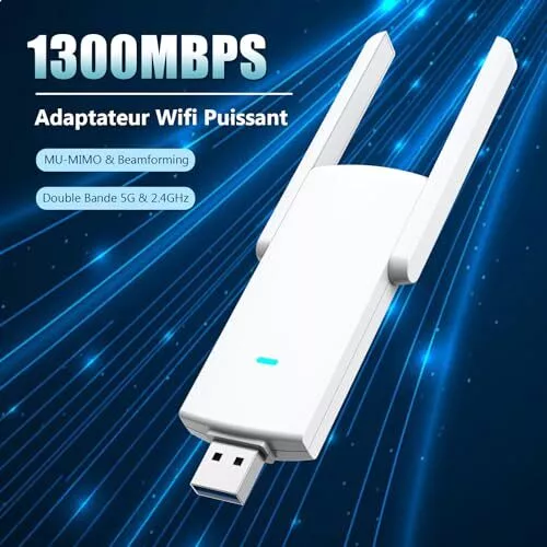 Clé USB WiFi 1300Mbps Dongle WiFi Double Bande 5G & 2.4G Adaptateurs WiFi USB 3. 2