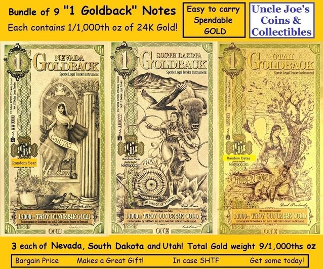 Nine "1 Goldback Notes" NV, SD, UT Each is 1/1000th 24K Gold! Trade Spend Save