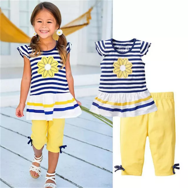 Toddler Kids Baby Girls Summer Sunflower Daisy Striped T Shirt Tops Pants Outfit