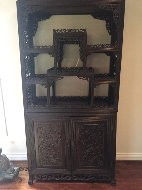 Chinese, Carved 9-Shelf Etagere Curio With Two door Cabinet 1800's