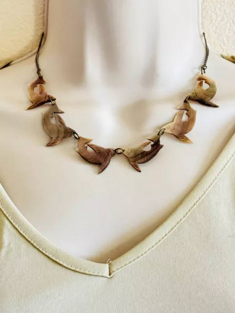 Art Deco NaTural Mother Of Pearl NECKLACE Carved Shark Vtg Genuine MOP Rare OOAK