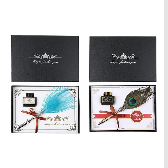 Retro Calligraphy Peafowl Quill Feather Dip Pen Writing Ink Set Gifts Boxes