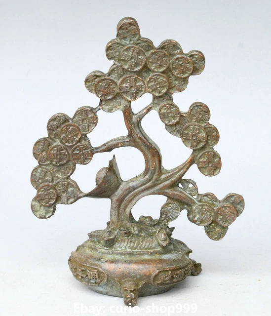 Old China Bronze Fengshui Wealth Yuanbao Coin Treasure Bowl Money Tree Statue