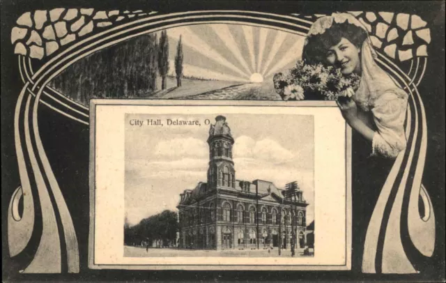 Delaware OH City Hall Art Nouveau Beautiful Woman Border c1910 Postcard