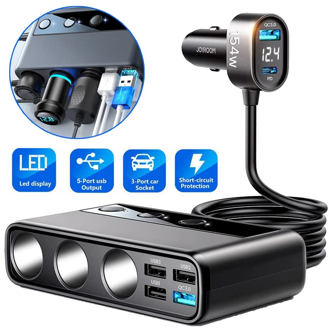 12V/24V Auto Ladegerät Zigarettenanzünder Verteiler 3 Steckdosen 5 USB Handy GPS